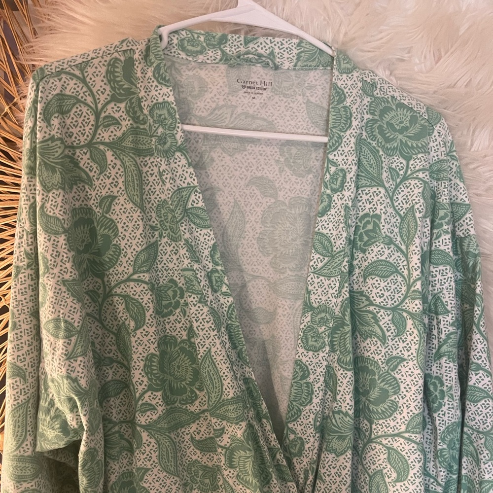 Garnet Hill Womens Asian Wrap Organic Cotton Robe Green Floral Cottagecore M - Picture 3 of 10